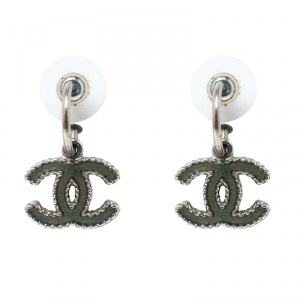 Chanel CC Green Enamel Silver Tone Drop Earrings
