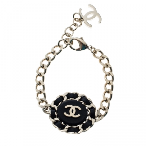 Pre Owned Chanel CC Black Leather Gold Tone Chain Link Bracelet