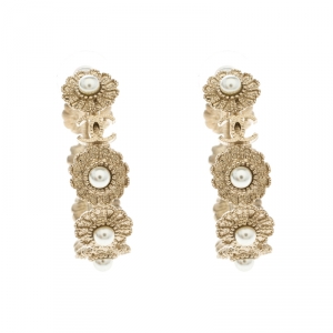 Chanel CC Floral Faux Pearl Embedded Gold Tone Hoop Earrings