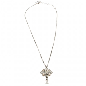 Chanel CC Floral Crystal Embedded Pendant Silver Tone Necklace 