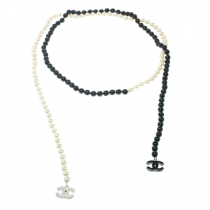 Chanel Faux Pearl & Black Beads String Wrap Around Necklace