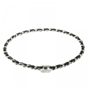 Chanel CC Black Leather Woven Chain Silver Tone Turn Lock Necklace