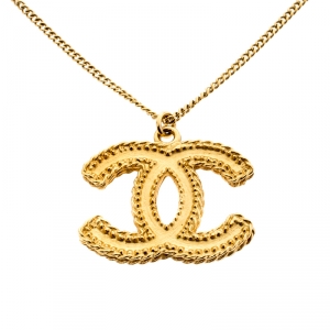 Chanel CC Textured Logo Gold Tone Pendant Necklace