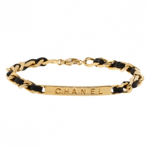 مملوكة مسبقًا سوار شانيل فينتدج كلاسيكي سلسلة ذهبية جلد أسود 19.5 سم