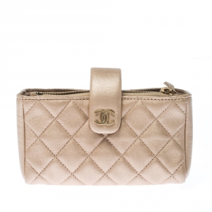 Pre Owned Chanel Beige Quilted Leather iPhone Pouch