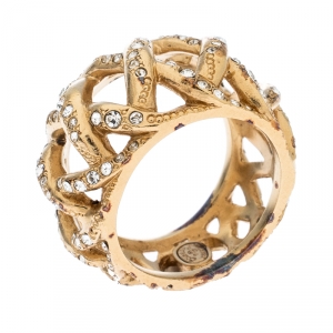 Chanel CC Criss Cross Crystal Gold Tone Band Ring Size 56