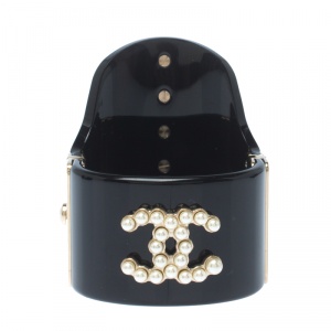 Chanel Faux Pearl Black Resin Gold Tone Wide Cuff Bracelet