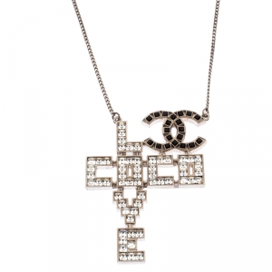 Chanel Silver Tone Crystal Embellished Love Coco Necklace