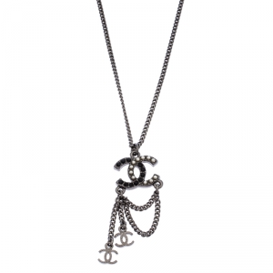 Chanel Crystal and Faux Pearl CC Gunmetal Tone Necklace