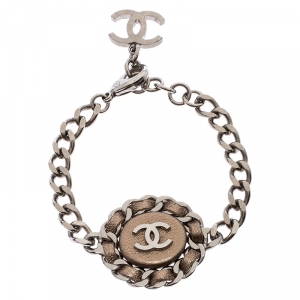 Pre Owned Chanel CC Rose Gold Interwoven Leather Gold Tone Chain Link Bracelet