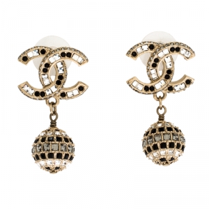 Pre Owned Chanel CC Crystal Gold Tone Drop Earrings