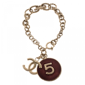 Pre Owned Chanel CC 5 Charm Red Enamel Chain Link Gold Tone Bracelet