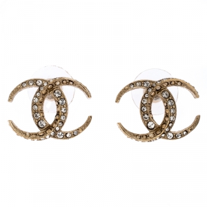 Pre Owned Chanel CC Crystal Moon Gold Tone Stud Earrings