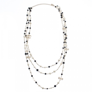 Pre Owned Chanel CC Crystal Charm Faux Pearl and Bead Strand Multi Layered Necklace