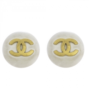 Chanel CC White Gold Tone Round Oversized Clip-on Stud Earrings