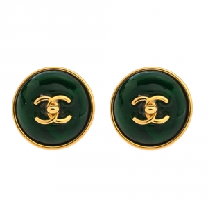Chanel CC Green Gripoix Gold Tone Round Clip-on Stud Earrings