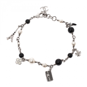 Chanel Faux Pearl Black Bead Multi Charm Silver Tone Bracelet
