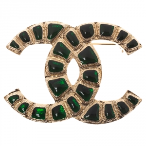 Chanel CC Green Enamel Gold Tone Pin Brooch