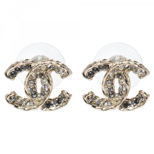 Chanel CC Logo Crystal Gold Tone Stud Earrings