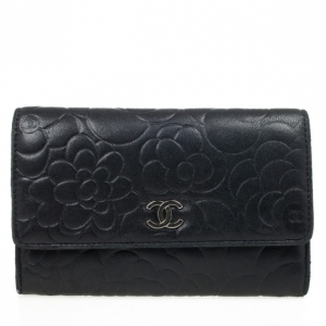 Chanel Black Camelia Embossed Lambskin Wallet 