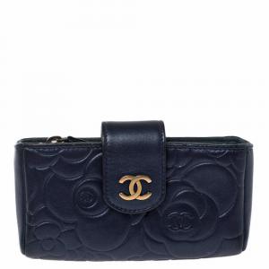 Pre Owned Chanel Metallic Navy Blue Camellia Embossed Leather Phone Pouch