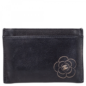 Chanel Black Leather CC Camellia Embossed Card Holder