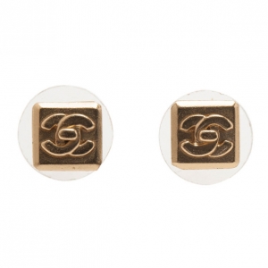 Pre Owned Chanel Square Turnlock CC Logo Pierced Earrings