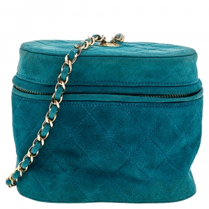 Pre Owned Chanel Green Quilted Suede Mini Vanity Tassel Chain Bag