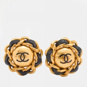 Pre Owned Chanel Vintage Gold Tone Leather Woven Round Clip-On Earrings