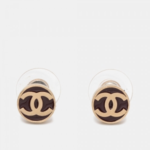 Pre Owned Chanel Gold Tone Burgundy Lacquer CC Stud Earrings