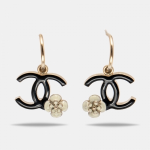 Pre Owned Chanel Gold Tone Enamel CC Camellia Drop Earrings 
