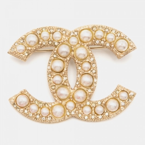 Pre Owned Chanel CC Faux Pearl Crystals Gold Tone Brooch