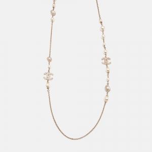 Pre Owned Chanel CC Crystals Faux Pearl Gold Tone Long Necklace