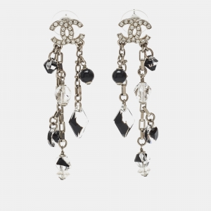 Chanel CC  Enamel Crystals Faux Pearl Silver Tone Metal Drop earrings