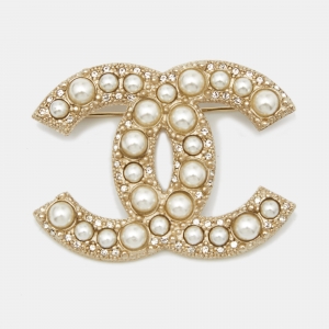 Pre Owned Chanel CC Faux Pearl Crystals Gold Tone Pin Brooch