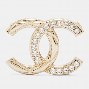 Pre Owned Chanel Pale Gold Crystal Gold Tone CC Brooch