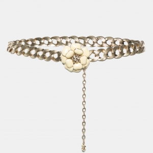 Pre Owned Chanel Brushed Gold Tone Camellia Charm Chain Belt