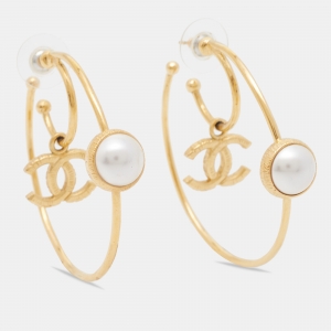 Chanel Gold Tone Faux Pearl CC Charm Hoop Earrings