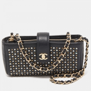 Chanel Black Leather Crystals Embellished O-Phone Holder Chain Pouch