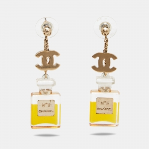 Pre Owned Chanel CC Perfume Bottle Glass Gold Tone Drop Earrings
