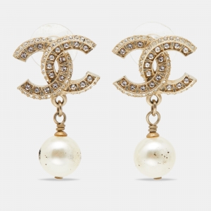 Chanel CC Faux Pearl Crystal Gold Tone Drop Earrings