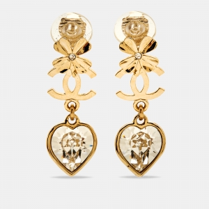 Chanel Clover Heart Crystal Gold Tone Clip-on Drop Earrings