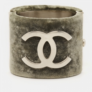 Chanel CC Velvet Silver Tone Bracelet
