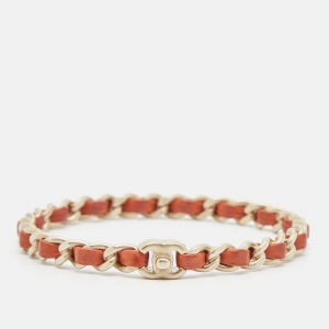 Chanel CC Orange Leather Woven Chain Bangle Bracelet 21 CM