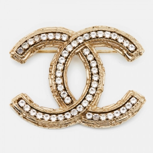 Pre Owned Chanel Pale Gold Tone Crystal CC Brooch