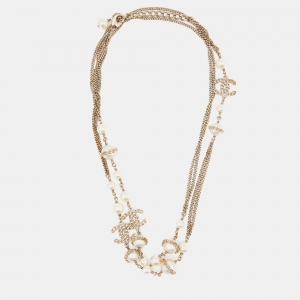 Chanel Gold Tone Faux Pearl & Chain CC Layered Necklace