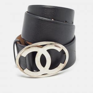 Chanel Black Leather CC Oval Wide Belt 95CM