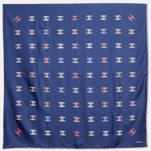 Pre Owned Chanel Navy Blue CC Logo Print Silk Square Scarf
