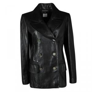 Chanel Black Lambskin Leather Double Breasted Coat M