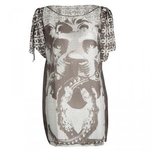 Chanel Brown and White Lion Printed Cold Shoulder Tie Detail Top L